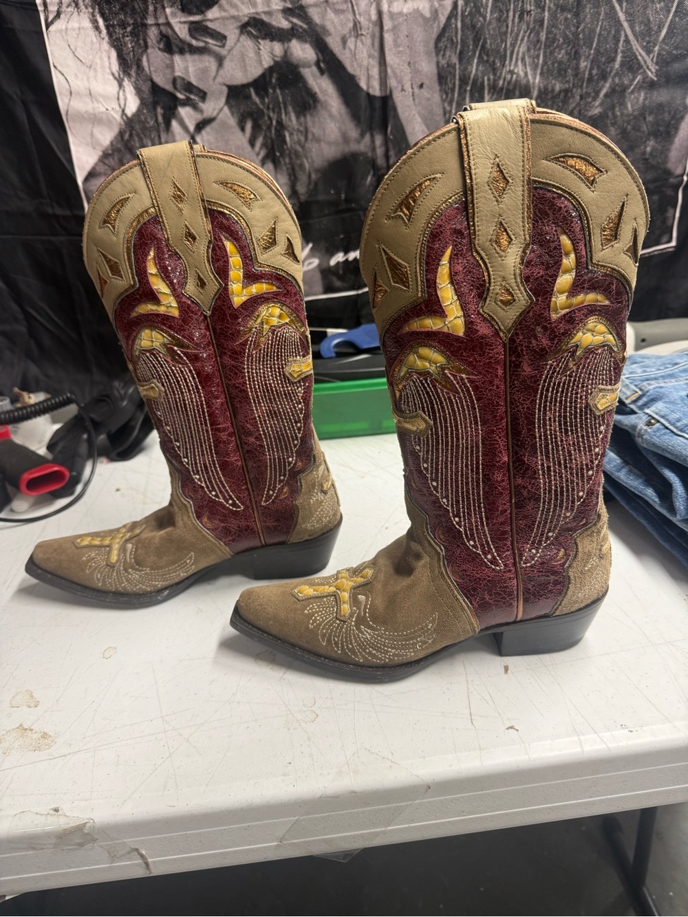 Sterling River Brown and Red Western Cowgirl Boots Cross angle wing, size 6B - Picture 2 of 15